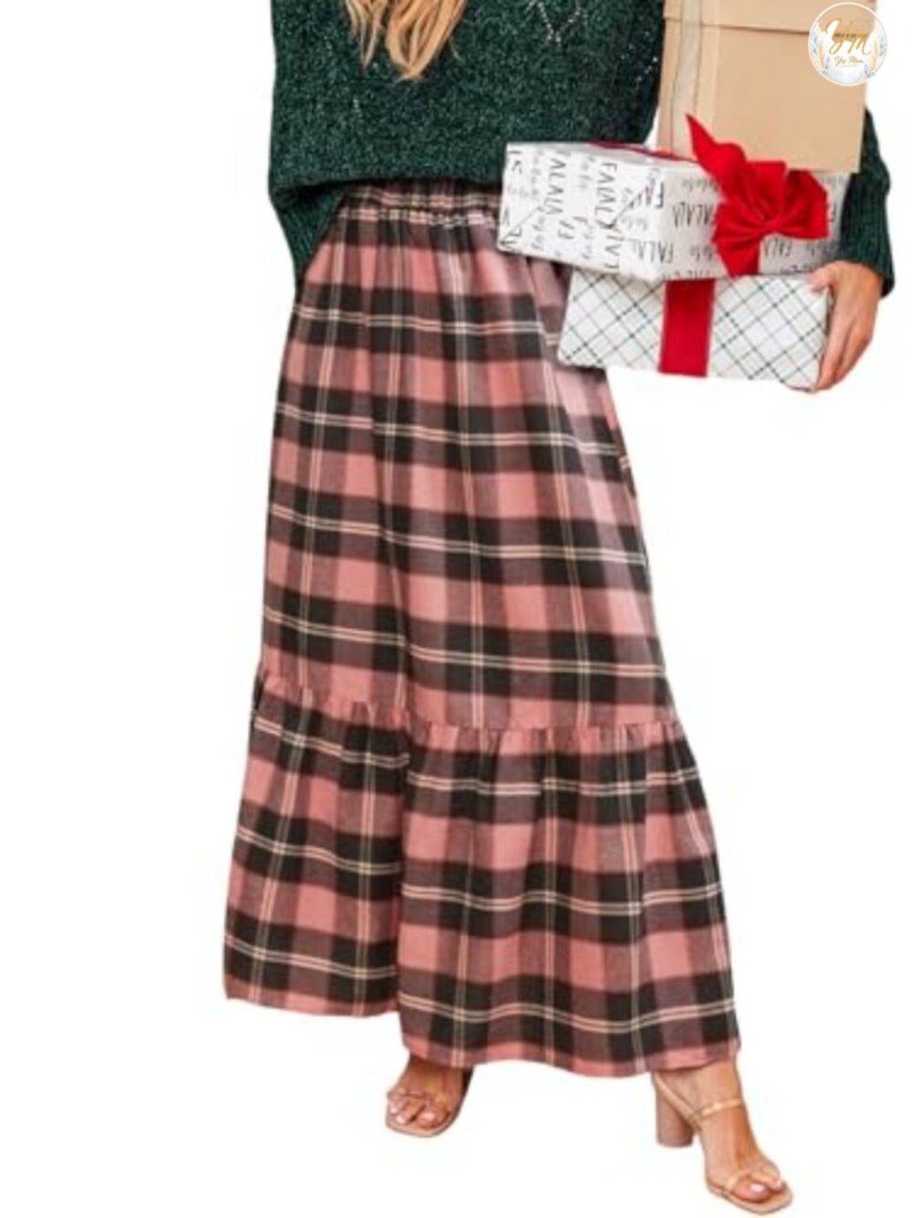 Plaid High Waist A-Line Ruffled Maxi Skirt Polyester Cotton
